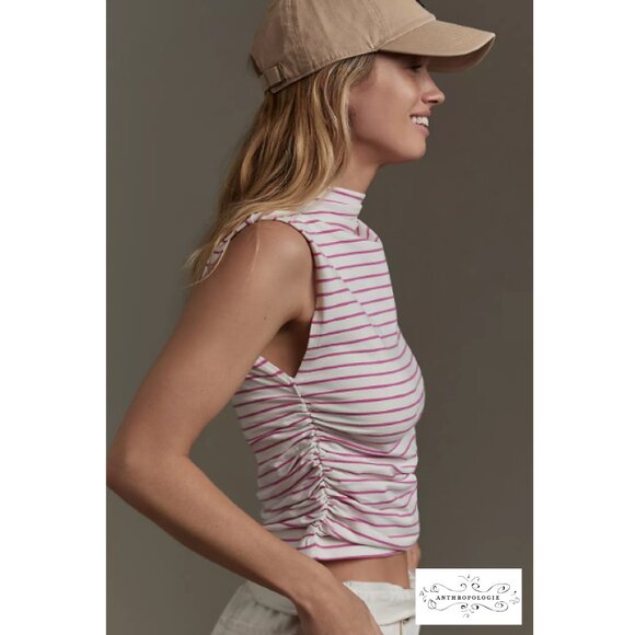 Anthropologie NWT Pink White Striped Mock Neck Sleeveless Ruche Muscle Tee Top - Picture 1 of 10